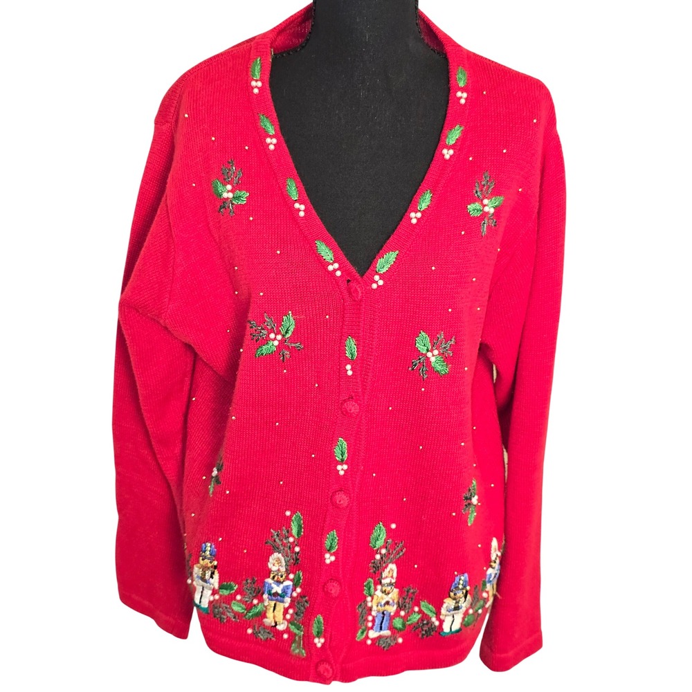 B.P. Design Red Nutcracker Christmas Cardigan Sweater Beaded Holly V-Neck Large